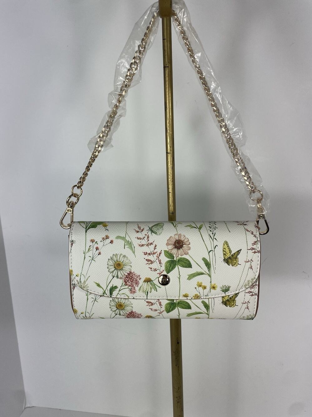 Nanette Lepore White Floral Purse Clutch Bag Rose Gold Chain Loop New